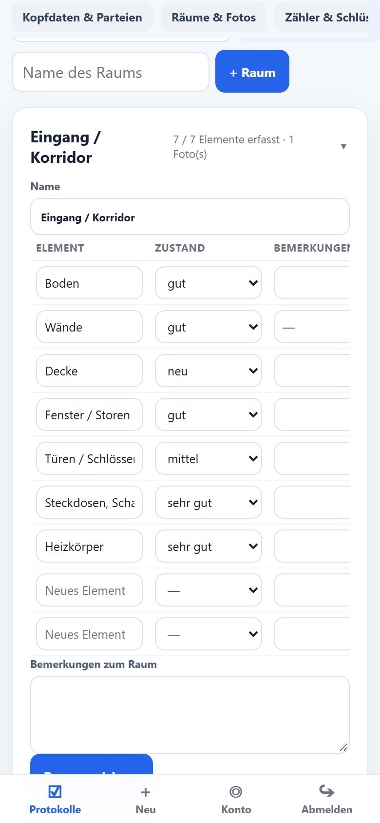 Räume und Elemente eines Protokolls