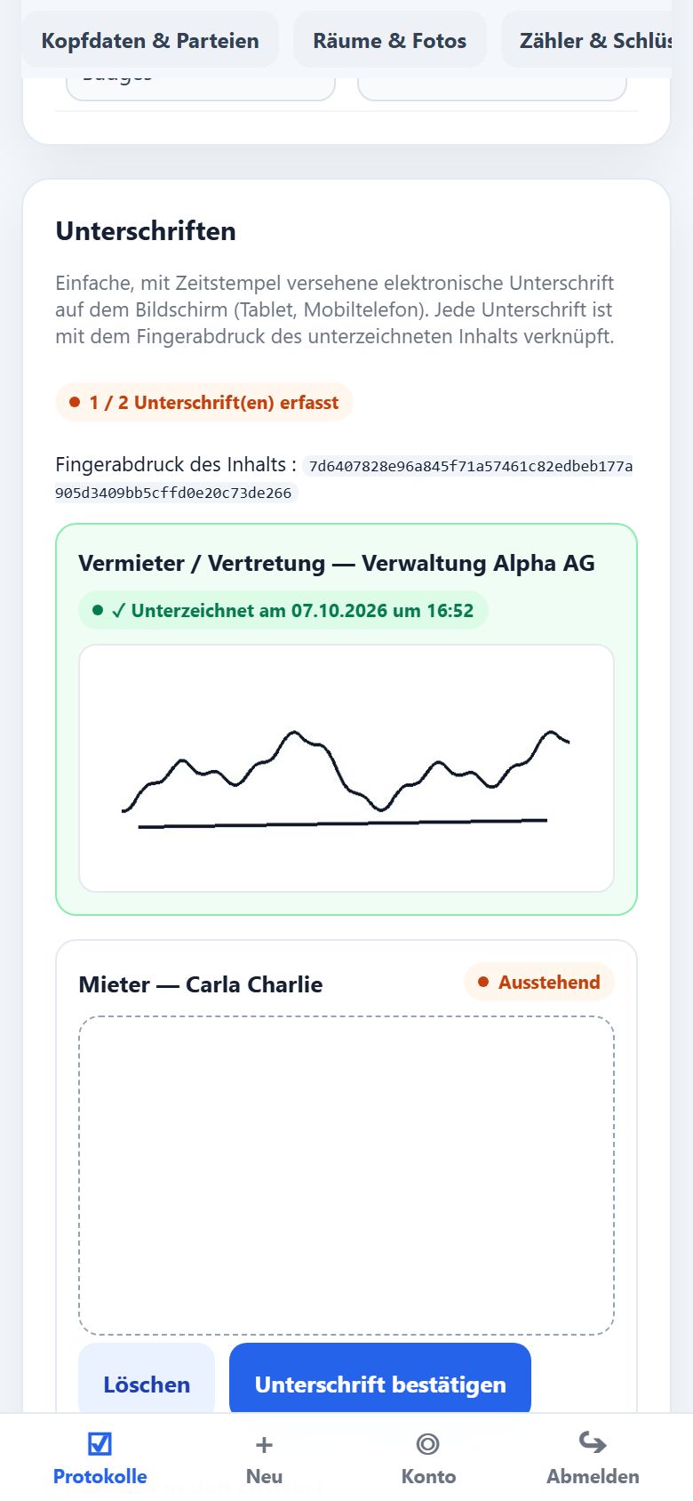 Unterschrift des Mieters auf dem Bildschirm