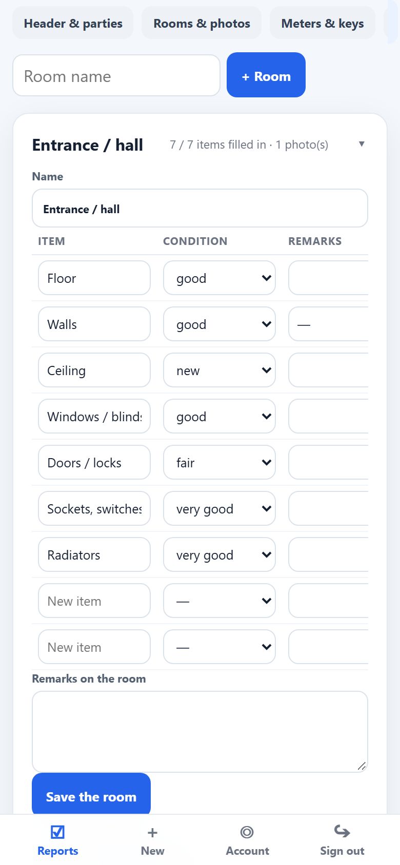 Rooms and items of a report