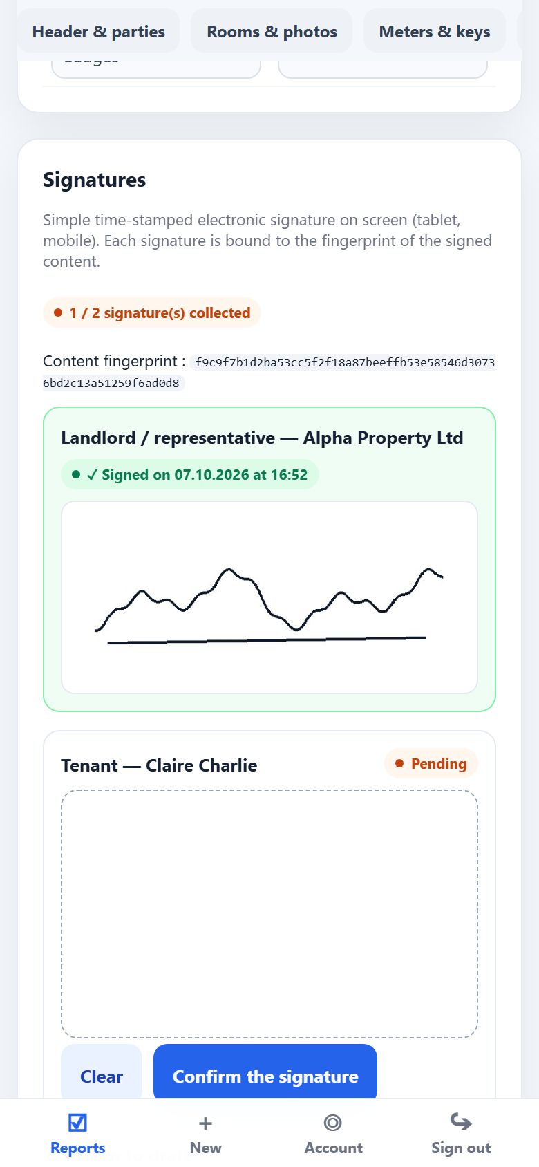 Tenant signature on screen