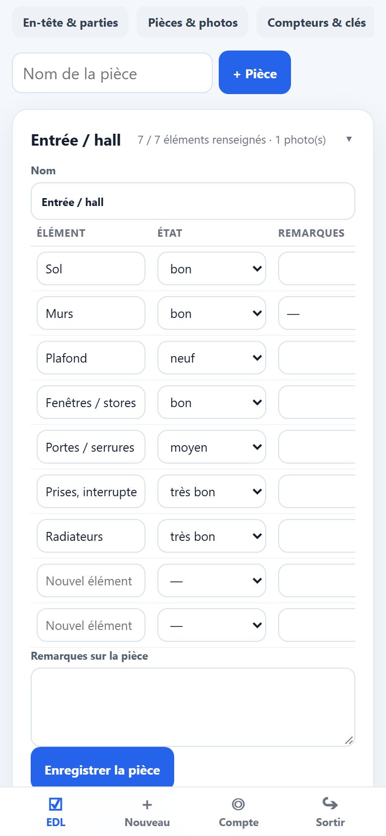 Pièces et éléments d’un état des lieux